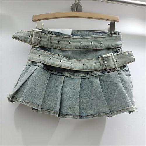 Women's Denim Skirts Splice Double Belt Folds Solid Color A-Line Washed Low Waist Short Skirts3