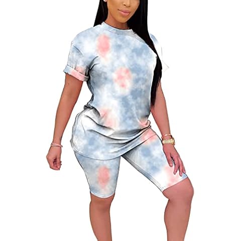 WOKANSE Women's Casual 2 Piece Sports Outfit Tie Dye Printed Short Sleeve T-Shirt Tops and Skinny Shorts Jogger Set, A-orange Blue, XXL Cover