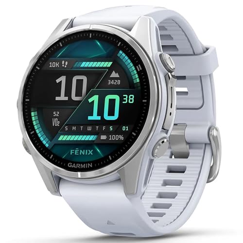 Image of Garmin Fenix 8 43mm AMOLED Multisport GPS Smartwatch, Silver with Whitestone Silicone Band, 010-02903-00 - Bundle w /Deco Essentials Charging Dock, Dust Cover and USB-C Cable
