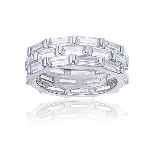 Sterling Silver Rhodium Cubic Zirconia 3 Row Baguette Cut Eternity Band Fashion Ring
