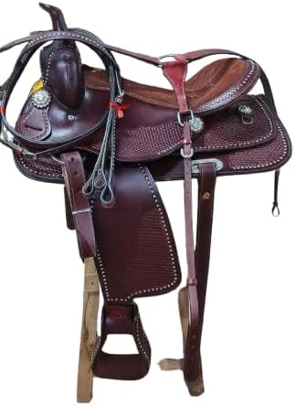 HUMAYL Saddlery Western Barrel Racing Horse Saddle for Riding Pony & Adult Classic Quality Premium Leather Comfort Trail Equestrian Headstall, Breast Collar & REINS Size:10-18 inch Seat, BR03