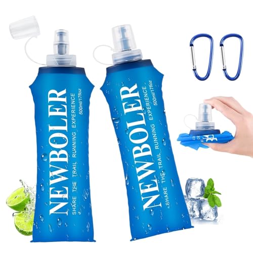 WuGU 2 Pcs Gourde Souple 500 ML, Bouteille d'eau Pliable Unisexe avec 2 Mousquetons, sans BPA, Flasque Running Réutilisable en TPU pour Course à Pied, Randonnée, Escalade
