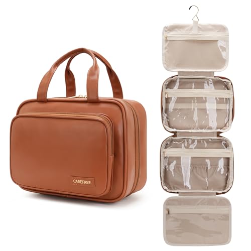 YINGLANG kulturtasche Damen,kulturbeutel Herren Damen zum Aufhängen,Faltbare Waschtasche Kosmetiktasche Großer Stauraum mit metallhaken,PU-Leder Reise Kulturbeutel mit Klarfenster,braun