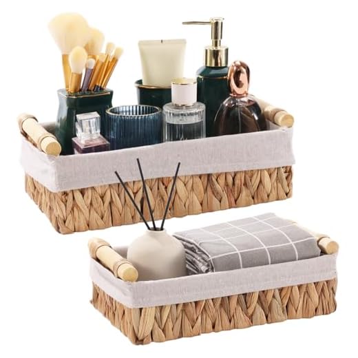 HNFNGSZL Cestas Almacenaje Trenzada, 2 Piezas Cesta de Almacenamiento con Asas de Madera, Caja Organizadora Apilable, para Cajones, Mesas, Cómodas, Cocinas, Salones