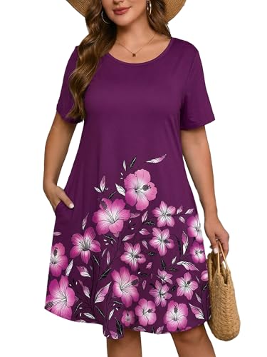 Image of AusLook Plus Size Midi Dress for Women Casual Summer Short Sleeve A Line Swing Dress with Pocket Round Neck Flowy Dress 1X-5X