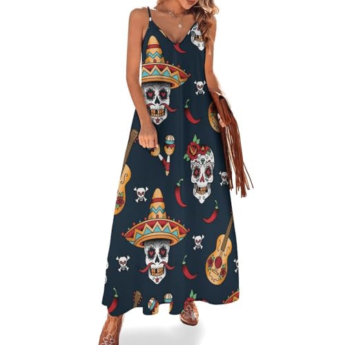Robe longue pour femme été sans manches motif guitar skull chic
