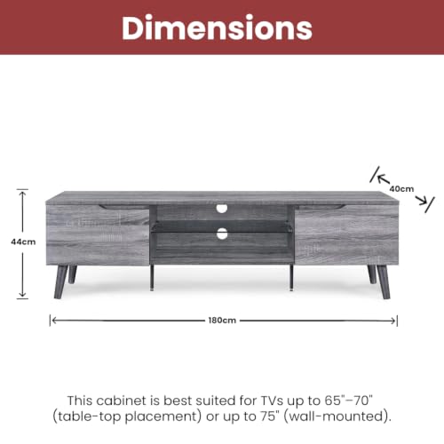 Image of Zenith TV Stand Entertainment Center & Modern Media Console Table for Living Room | Two Storage Doors | Tempered Glass Middle Shelf | Solid Wooden Legs | Space Gray
