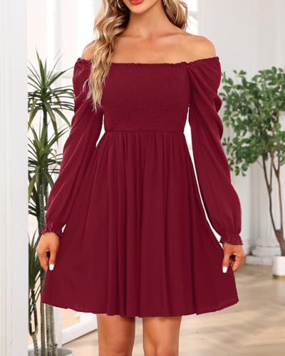 Image of Holipick Women's Casual Square Neck Smocked Dress Shirred Ruffle Puff Sleeve High Waist Cute Flowy A-Line Short Dress