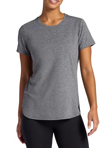Gaiam Women’s Everyday Performance Crewneck T-Shirt, Slim Fit, Stretch Lightweight Material, Moisture-Wicking, Black Heather (Tap Shoe), Medium