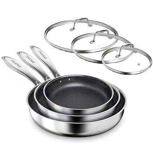 Image of imarku 8, 10 and 12-Inch Non Stick Frying Pans with Lids, Ceramic Coating | 6-Piece Stainless Steel Cookware Set for Home Cooking, Dishwasher Friendly, Oven Safe, Induction Ready, for Men and Women