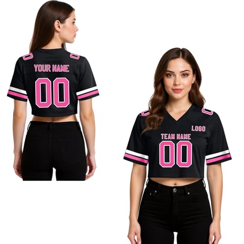 Women American Football Jersey Custom Crop Tops for Women Personalized Name Number Short Shirt Y2k Jersey Girls Streetwear Black