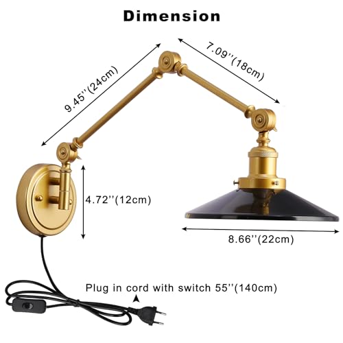 Image of Swing Arm Wall Lamp Plug In, Set of 2 Modern Gold Cordless Wall Sconce For Bedroom Bedside, Living room, Study, Vintage Reading Wall Mount Light Fixtures, Warm Brass Finish Decor, Black, 2 Pack
