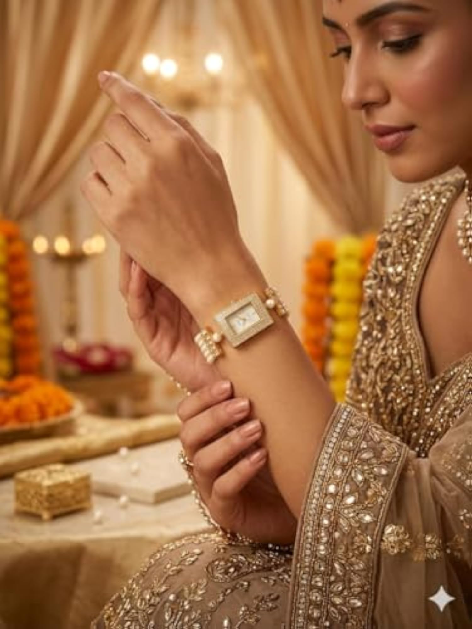 Women's Pearl Bracelet Watch with Crystal Studded Dial