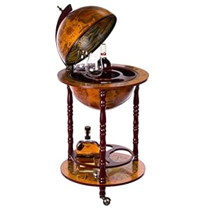 Luxe barwagen 36001, met massieve eucalyptushouten kolomen, geopend 103 cm hoog en 47 cm breed, antieke wereldbol globe…