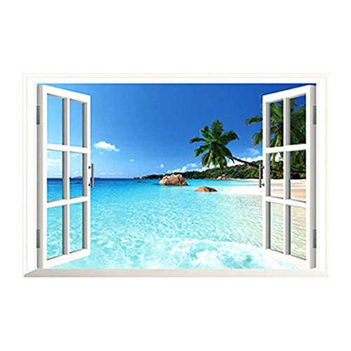 Wall Sticker 3D Window Beach Art Wallpaper Removable Sea Scenery Decal Home Livingroom Office Decor