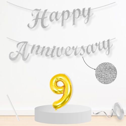 Image of Flyloons 9th Happy Anniversary Banner Silver Decorations Kit for Men Women Wedding Anniversary Banner Items without Balloons