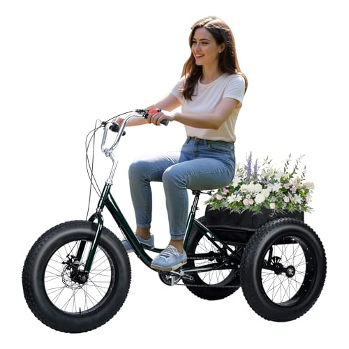 Masiunoz 20 Inch Fat Tire Adult Tricycle?Fat Tire Tricycle, 7 Speed Adults Tricycle with Dual Disc Brakes, Rear Cargo Basket, Adjustable Handlebars, Shock Absorbing Wider Seat, 450 Lb Weight Capacity