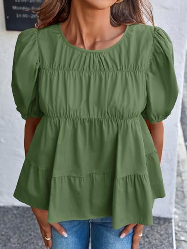 Image of Tankaneo Womens Puff Sleeve Peplum Babydoll Tops Summer Flowy Pleated Cotton T-Shirts Casual Loose Fit Cute Blouse