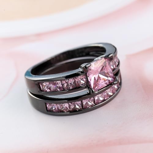 2in1 Retro Black Halo Princess Cut Created Pink Topaz Ruby Amethyst Cubic Zirconia Wedding Engagement Eternity Square Rings Set Women's Band Vintage for Bridal Mom Lover4