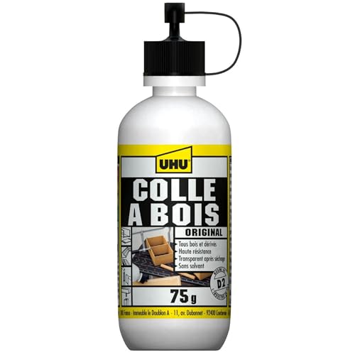 UHU Colle à Bois Originale- Colle Bois Vinylique Extra Forte - Résistante à l'Humidité (D2) - Sans Solvant - Transparente après Séchage - Bouteille de 75 g