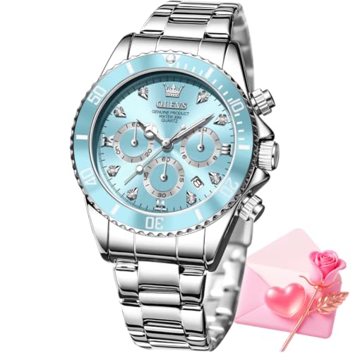 Image of OLEVS Women Dress Watch, Two Tone Diamond Quartz Wrist Watch, Stainless Steel Waterproof Luminous Day Date Ladies Chronograph Gift Watch