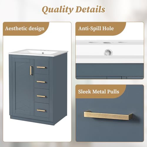 Image of 24 Inch Bathroom Vanity with Ceramic Sink, Cabinet and 3 Drawers, Modern Freestanding Vanity for Small Bathroom (Blue)