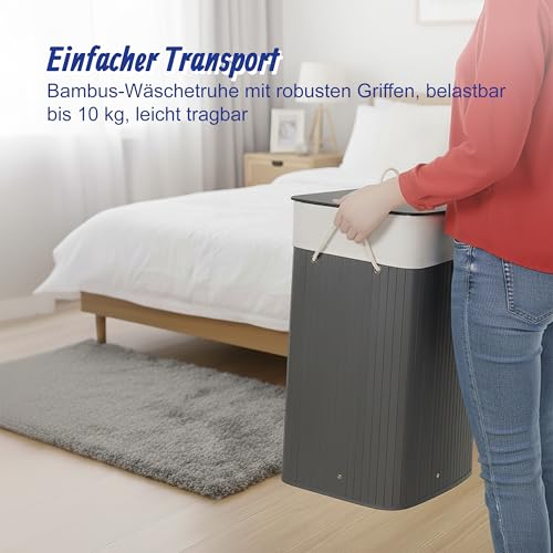 Relaxdays Wäschekorb mit Deckel, Bambus, 80 Liter, Faltbarer Wäschesammler, HxBxT: 60 x 40 x 30 cm, Wäschetruhe, grau