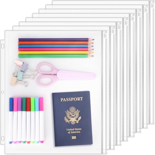 Antner 8 Pack Clear Letter Size Binder Pockets 3 Ring Binder Zipper Pouch Document Organizer Waterproof PVC 3-Hole Loose Leaf File Bags Insert Sleeves Page Sheet Protectors Business Office Supplies
