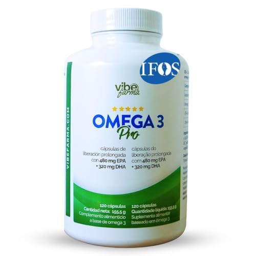 VIBEFARMA OMEGA 3 PRO Sello IFOS 480 mg EPA y 320 mg DHA por Cápsula Aceite de Pescado Triglicérido Grado Farmacéutico Alta Concentración Absorción Rápida Sin Reflujo 60 Cápsulas