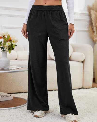 Bsubseach Wide Leg Pants Woman - Terry Cloth Casual Palazzo Pant High Waisted Baggy Lounge Trousers with Pockets Black XXL3