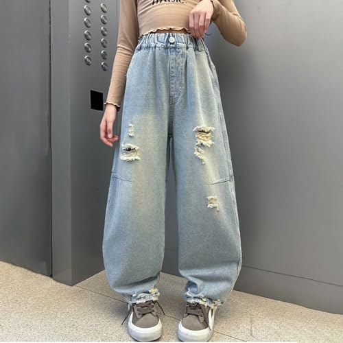 Girls Ripped Jeans Casual Distressed Versatile Straight Denim Pants Vintage Wide Leg Trousers with Pockets2