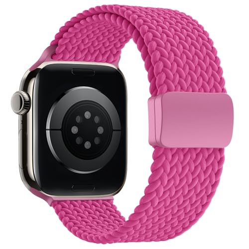 Braceleter Braided Stretchy Band Compatible with Apple Watch Band 38mm 40mm 41mm 42mm 44mm 45mm 46mm 49mm Women Men Adjustable Nylon Elastic Magnetic Clasp Strap for iWatch Series 10 9 8 7 6 5 4 3 2 1 SE Ultra (Magenta 44mm/45mm/46mm/49mm/42mm(Series 3 2 1))