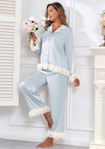 Image of Brosloth Womens Silk Pajamas Set Long Sleeve Satin Button Up Sleepwear | Cute Soft Fall Pjs Sets, Lace 2 Piece Lounge Set, Elegant Bridesmaid Pajama, Skin Friendly Sleepwear for Wedding, Honeymoon