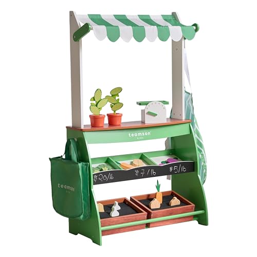 Teamson Kids Wooden Farmer's Market Stand, Pretend Play Grocery Store with Play Food, Scales and Vegetables, Educational Role Play Toy Set, Green
