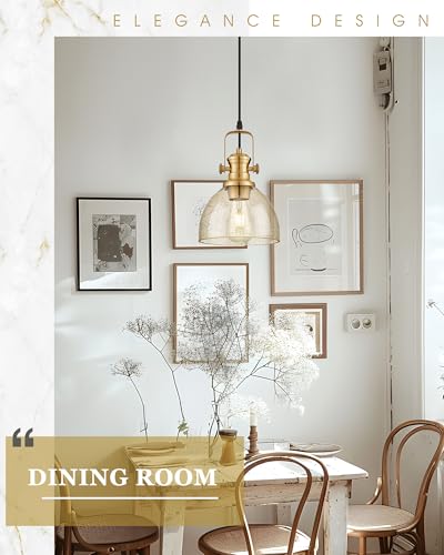 Image of 2-Pack 7.5 inch Brushed Gold Pendant Light Kitchen Island, Amber Shade | Farmhouse Vintage Hanging Light Fixture for Dining Room, Amber Seeded Glass, Adjustable Hanging Height, AD-22151-1P2-GD-OR