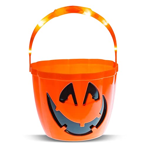 Light Up Halloween Bucket - Led Pumpkin Buckets with Handle Large Capacity Candy Holder Kids Halloween Trick or Treat Pumpkin Bucket for Party Decor Halloween Party Bag Fillers (Orange)