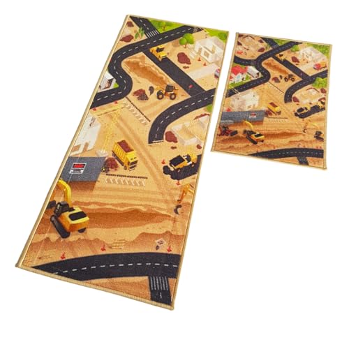 Image of Matz&More Kids Runner & Floor Mat Combo (50x120cm + 40x60cm), Anti Slip Nylon Carpet for Children's Bedroom, Playroom, Bathroom & Nursery, Car Track Brown, Rubber Backed Kids Runner Rug