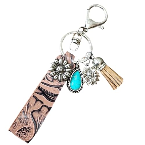 Snuhlzvm Unique Leather Keychain, Ethnic Pattern, Turquoise Gemstone, Silver Tassel, Retro Craftsmanship, Fashionable Accessory, Bohemian Elegance, Suitable For Both Gifting And Personal Use