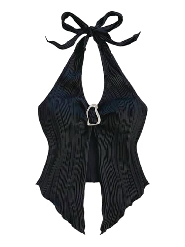 Milumia Women's Y2k V Neck Halter Top Tie Backless Slit Hem Buckle Tank Tops - Main Image