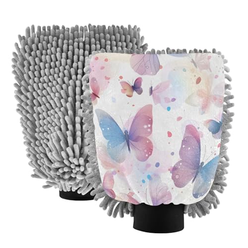 ALAZA Pink & Blue Butterfly Car Wash Mitt Scratch Free, 2 Pack Absorbent Microfiber/Chenille Washing & Drying Mitts, L