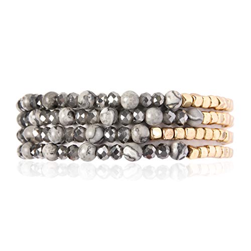 Delicate Boho Beaded Multi Layer Versatile Statement Bracelets - Stackable Stretch Strand Cuff Bangles Sparkly Crystal, Natural Stone, Tassel Charm (Delicate Natural Stone & Gold Mix - Black)