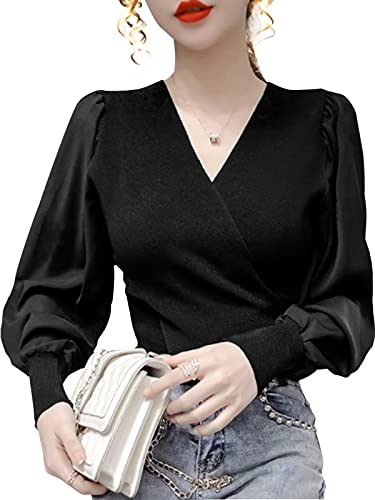 シフォン ドッキング ボリューム袖 Vネック ニット ブラウス リブ カシュクール デザインブラウス ショート トップス 襟なし えりなし カット カットソー 胸ポケットなし フェイクレイヤード ポケットなし 透けない 無地 ペアルック スクールシャツ ガールズ お呼ばれ リゾート ドレス ユニフォーム 高校生 社会人 シャツ にっと v ネック ブラック 1A-N01-BKM