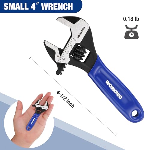 Image of WORKPRO 4-Inch Mini Adjustable Wrench, Cr-V Steel Wide Jaw Black Oxide Wrench for Small Nuts, Metric & SAE Scales, for Home, Workshop and DIY