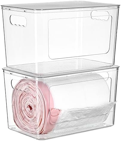 Vtopmart 2 Pack Trash Bag Holder, Stackable Garbage Bag Dispenser for 13/30/33 Gallon Bags, Clear Organizer Bins for Under Kitchen Sink, Laundry Room Organization and Storage
