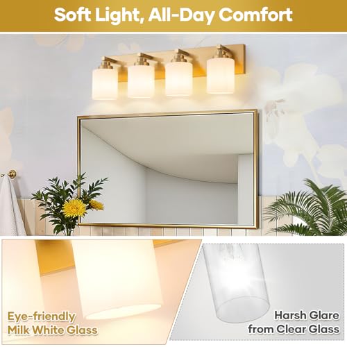 Image of Vanity Lights for Bathroom, 4-Light Brushed Gold Bathroom Vanity Light Over Mirror with Milky White Glass Shades, Modern Bathroom Light Fixtures for Living Room Hallway Cabinet (Bulbs Not Included)