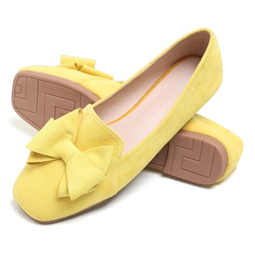 Image of WENJIAZHIZHI Square Toe Bow Ballet Slip-On | Classic Suede Finish,Chic Bow Detail,Effortless Everyday Style,Wedding Party Office,Plus Size Available