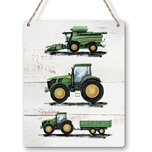 Image of Farm Tractor Print Wood Sign Transportation Nursery Wall Art Rustic Agricultural Truck Wooden Hanging Sign for Kids Bedroom Playroom Door Wall Decor