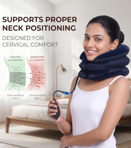 Image of Dimore Inflatable Neck Brace Pillow Cervical Neck Traction Device Adjustable Stretcher,Ideal for Spine Alignment and Chronic Neck Pain Relief. (Blue)