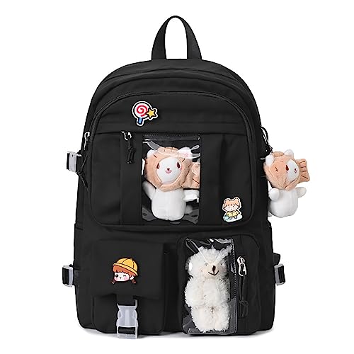 Kawaii Backpack with Clear Bag Cute Aesthetic Backpack Large Travel Daypack Kawaii Transparent Lightweight Bag (Black(No Accessories))