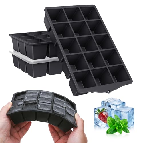 Paquete de 4 bandejas de cubitos de hielo con tapas, moldes de silicona a prueba de fugas, fáciles de liberar, bandejas flexibles para congelar cócteles, alimentos para bebés, paletas (15 celdas de 1